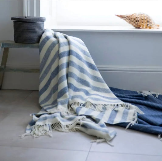 John Hanly Stripe Blue Denim Merino Lambswool Throw