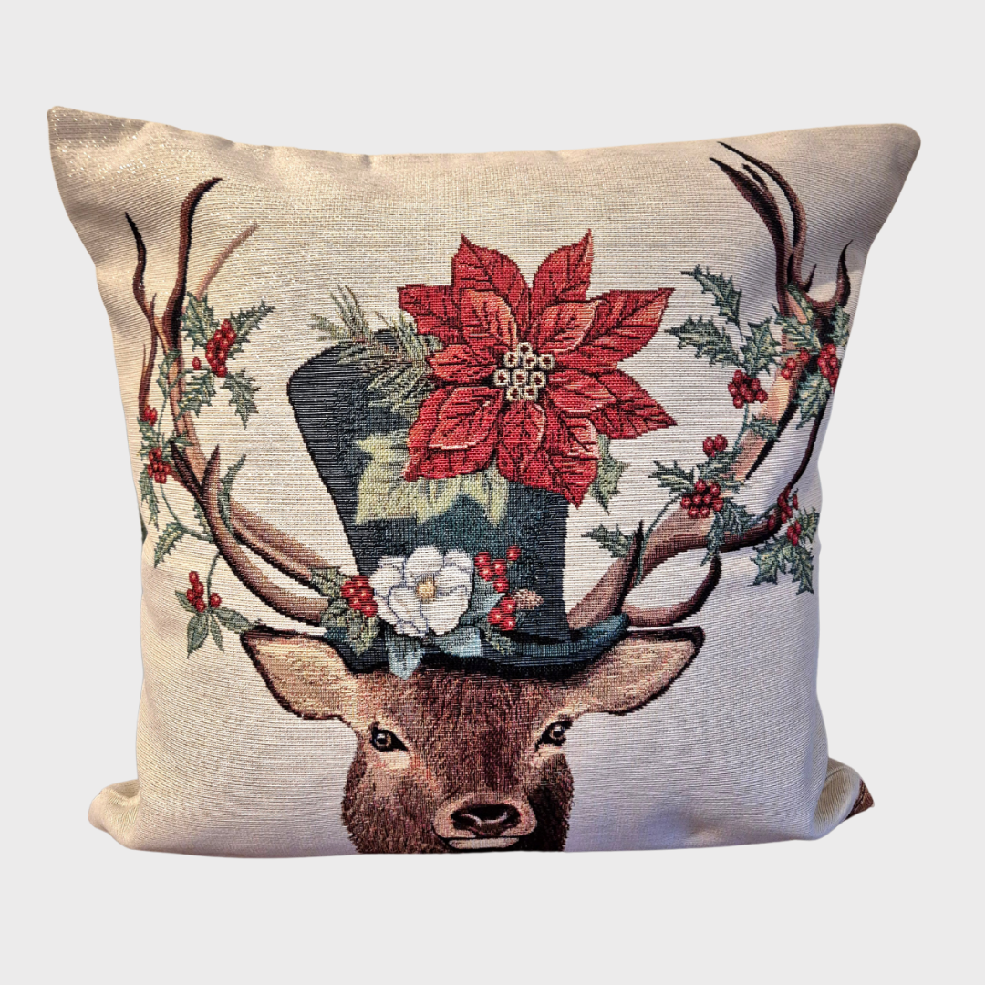 Christmas Deer in Hat Cushion Cover