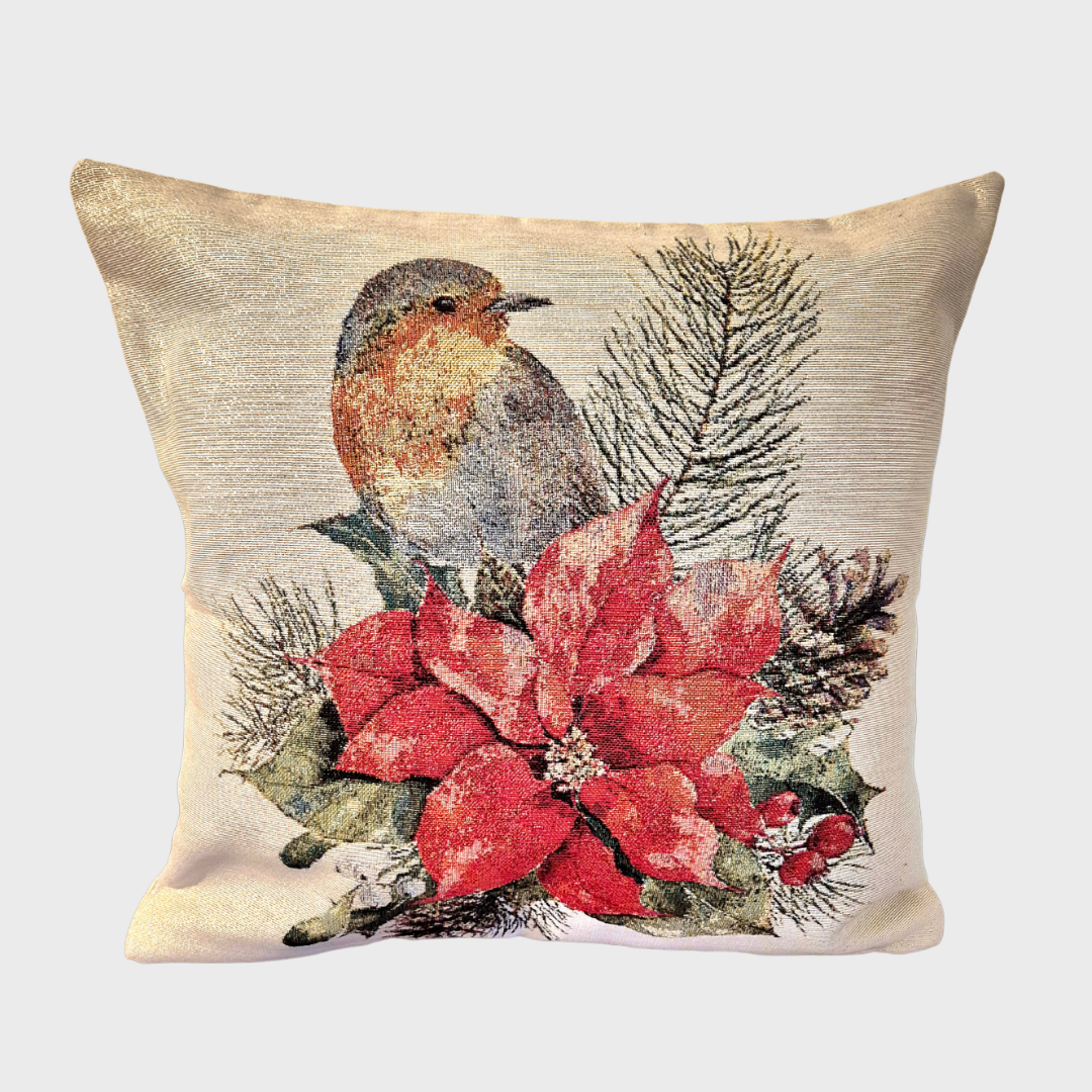 Christmas Robin on a Poinsettia Cushion Cover