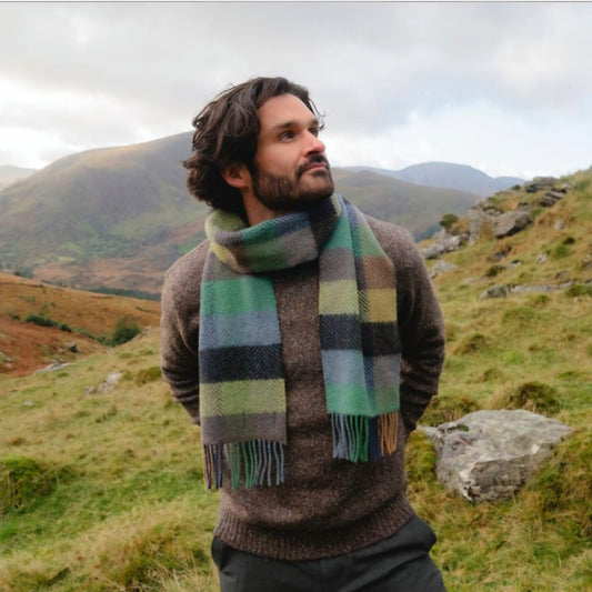 Irish Cashmere Merino Green Blue Check Scarf