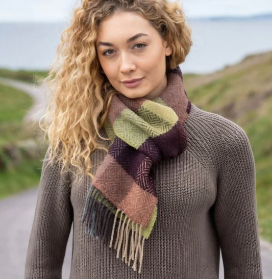 Irish Cashmere Merino Green & Wine Check Scarf
