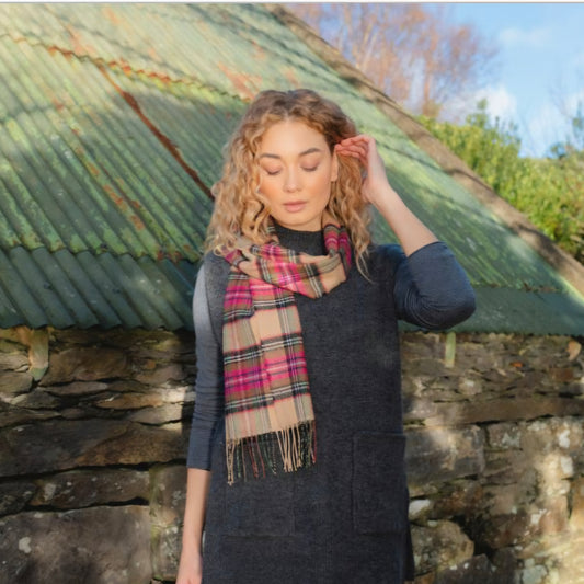 Irish Merino Pink & Camel Check Scarf