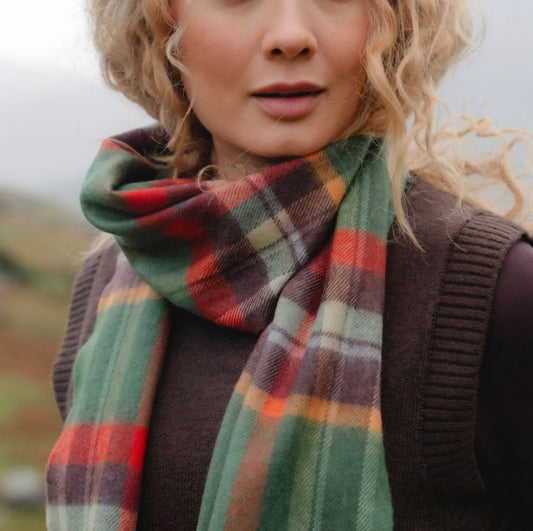 Irish Merino Green & Rust Check Scarf