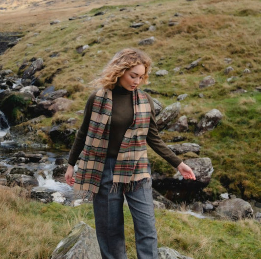 Irish Merino Camel, Green & Brown Check Scarf