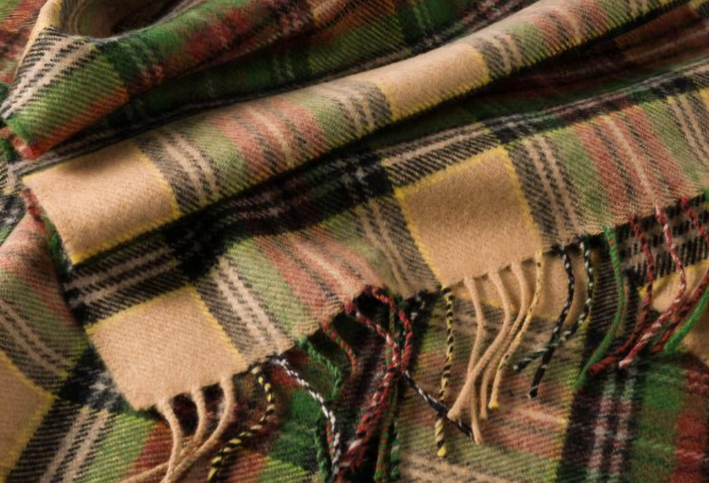 Irish Merino Camel, Green & Brown Check Scarf