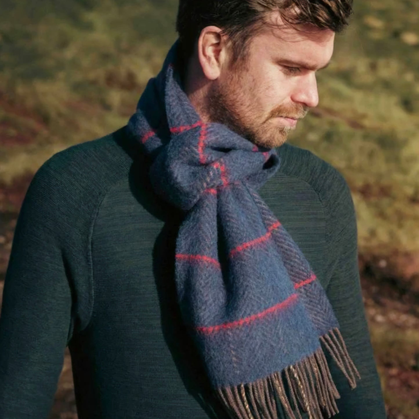 Irish Cashmere Merino Blue & Red Windowpane Scarf