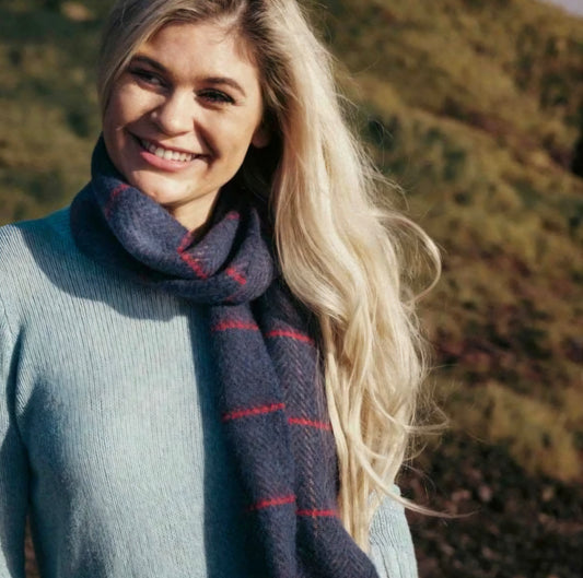 Irish Cashmere Merino Blue & Red Windowpane Scarf