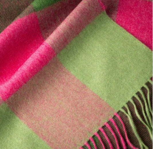 Irish Merino Pink & Green Block Scarf