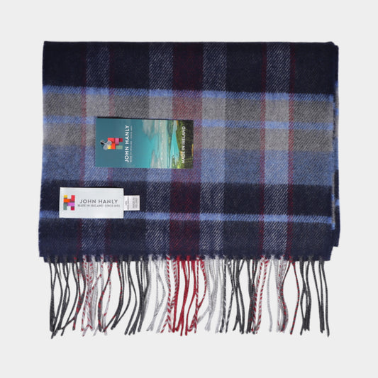 John Hanly Navy, Wine & Denim Check Merino Wool Scarf