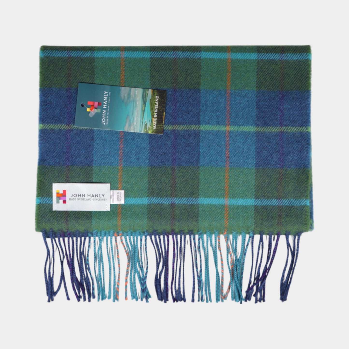 John Hanly Denim Green Check Merino Wool Scarf