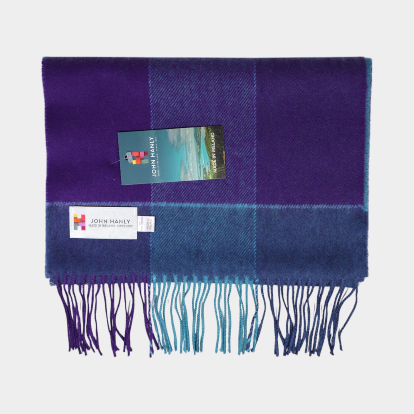John Hanly Blue & Purple Block Check Merino Wool Scarf