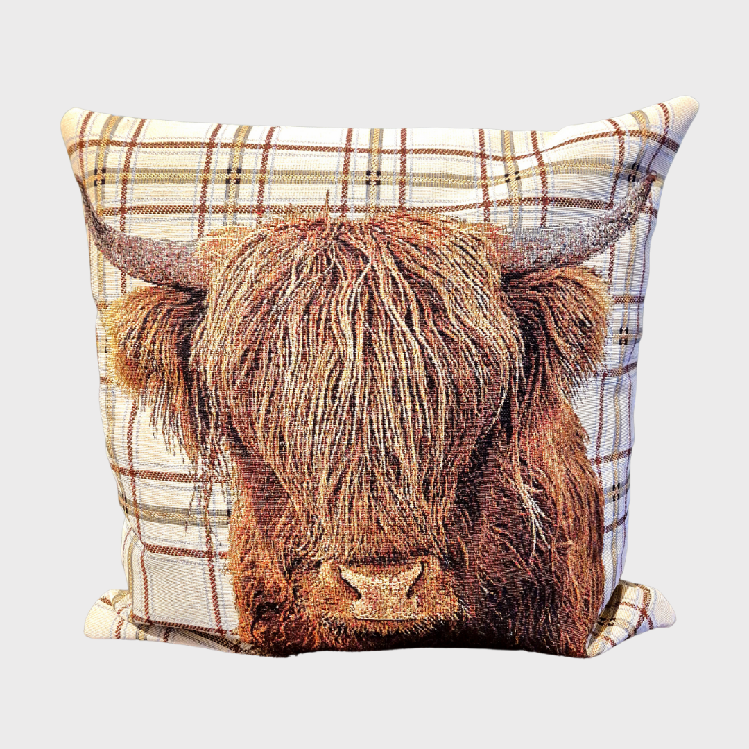 Highland Cow Tarten Cushion Cover