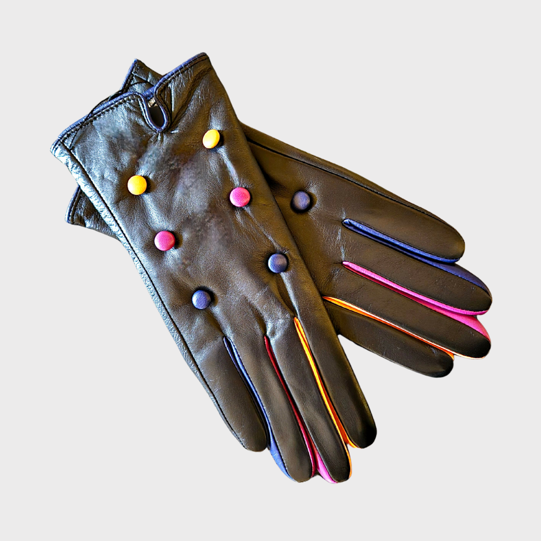 Leather Multi- Coloured Button Gloves