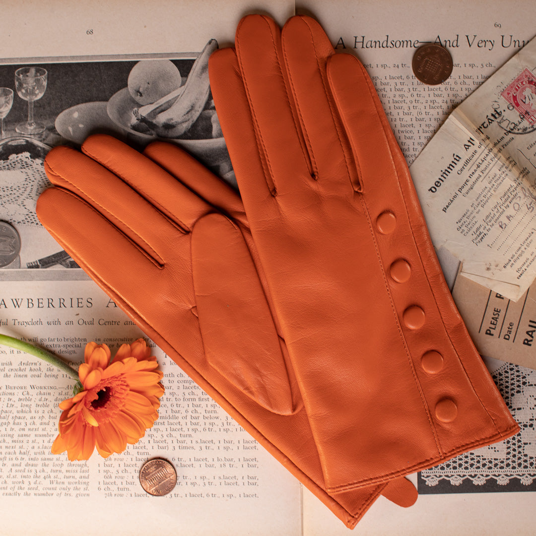 Leather Gloves with Cashmere Lining & Button Detail