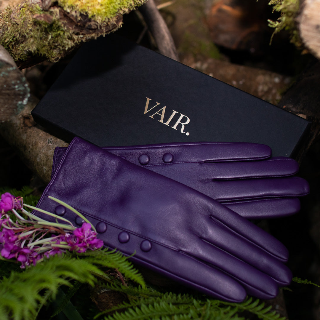 Leather Gloves with Cashmere Lining & Button Detail