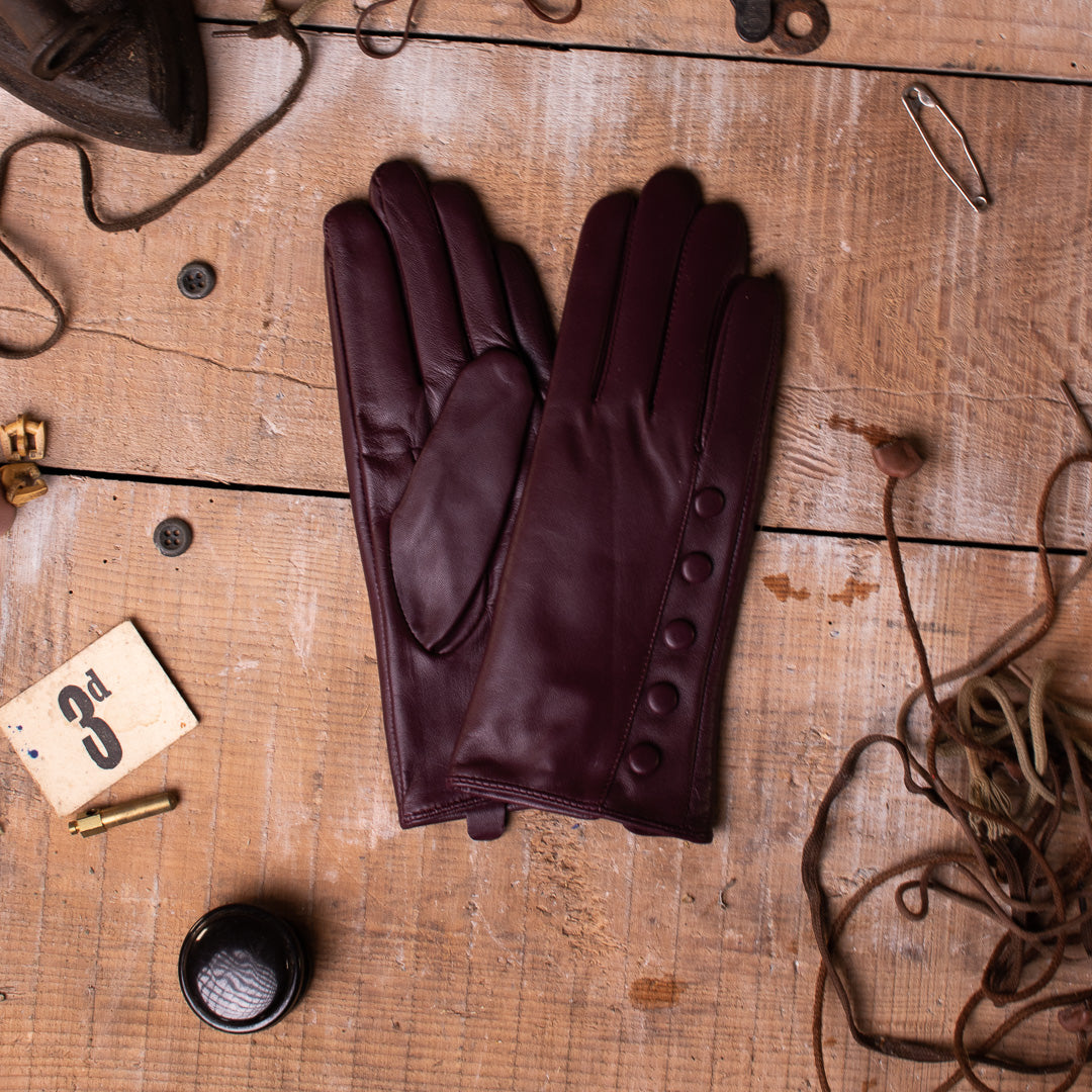 Leather Gloves with Cashmere Lining & Button Detail