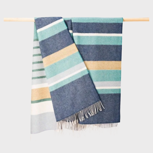 John Hanly Merino Lambswool Blanket Blue Stripe