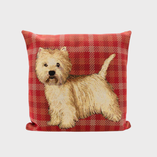 Highland Terrior on Red Check Cushion Cover