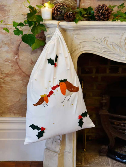 Robin Embroidered Christmas Sack