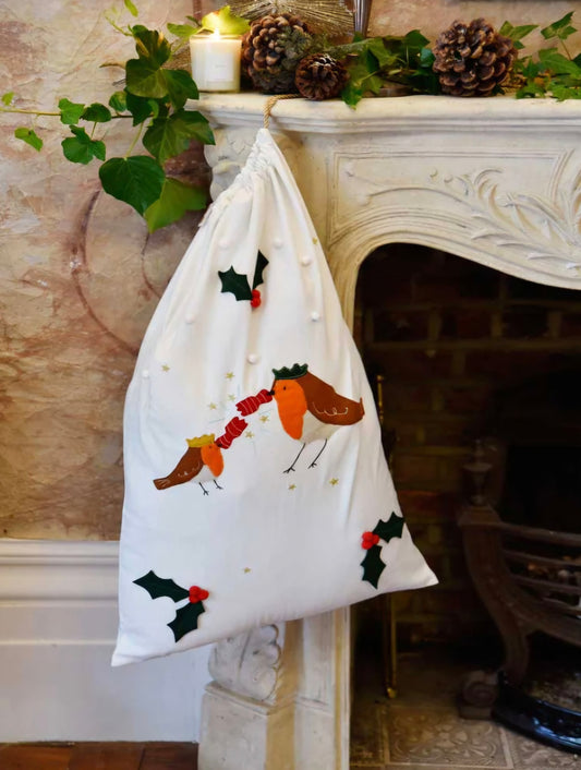 Robin Embroidered Christmas Sack