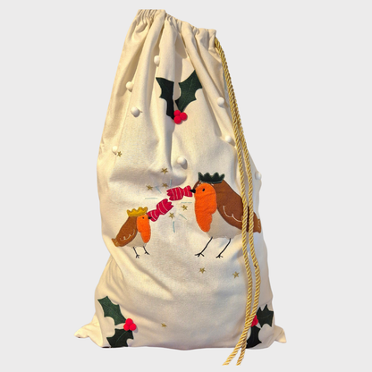 Robin Embroidered Christmas Sack