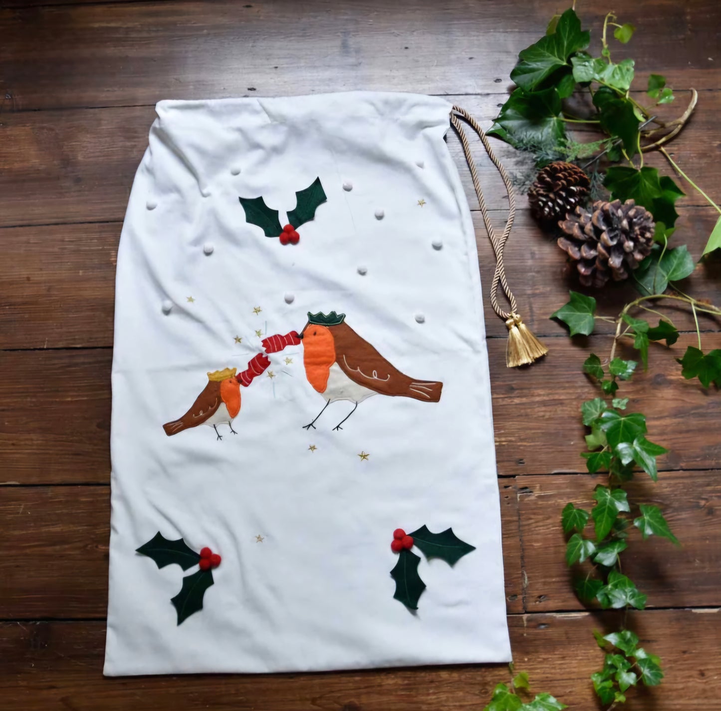 Robin Embroidered Christmas Sack