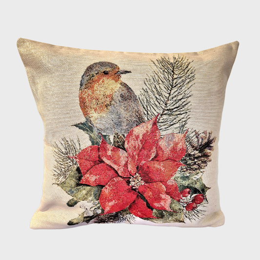 Christmas Robin on a Poinsettia Cushion Cover