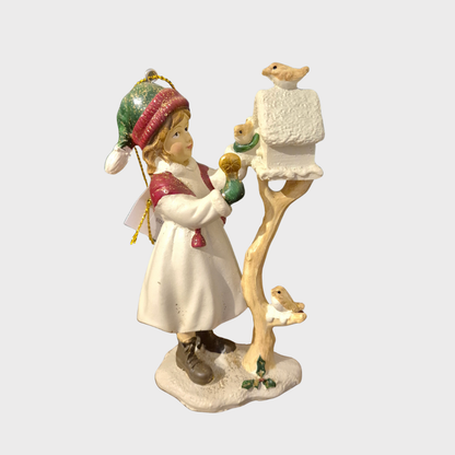 Vintage Girl at bird feeder hanging decoration