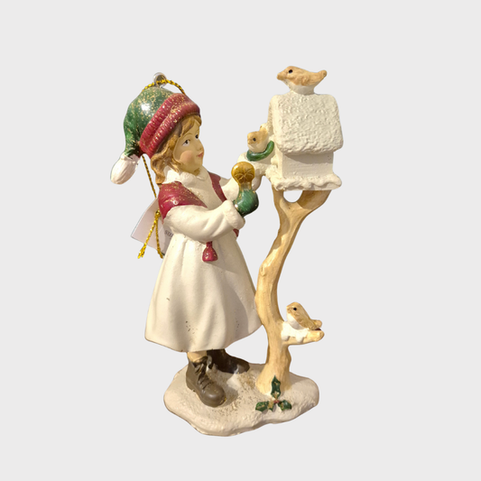 Vintage Girl at bird feeder hanging decoration