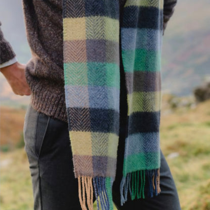 Irish Cashmere Merino Green Blue Check Scarf