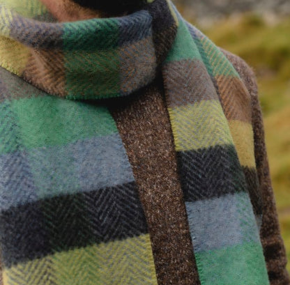 Irish Cashmere Merino Green Blue Check Scarf