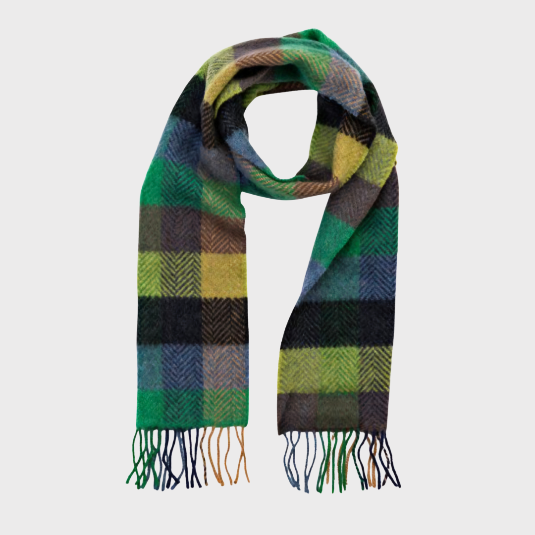 Irish Cashmere Merino Green Blue Check Scarf