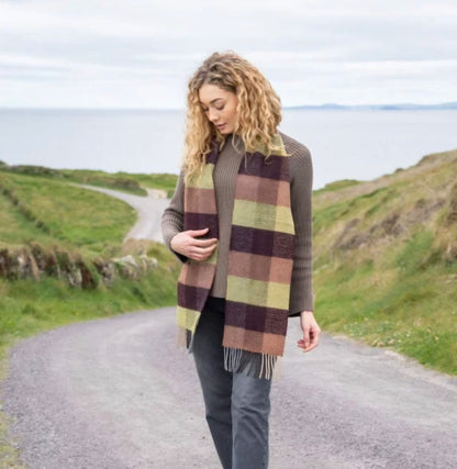 Irish Cashmere Merino Green & Wine Check Scarf