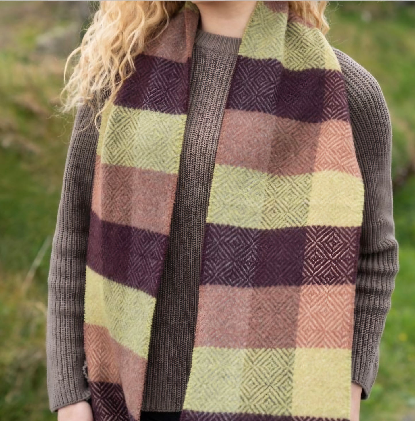 Irish Cashmere Merino Green & Wine Check Scarf