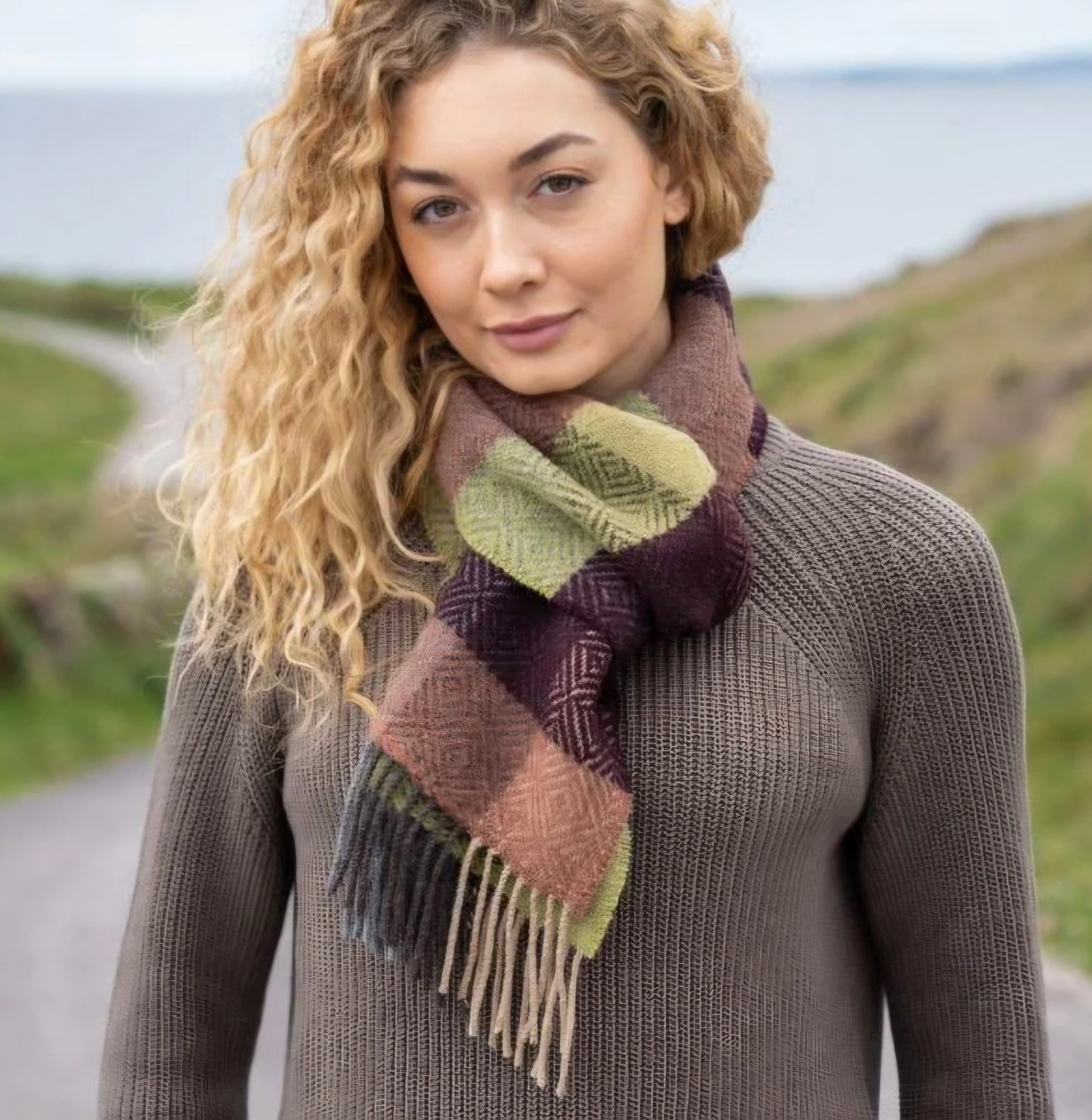 Irish Cashmere Merino Green & Wine Check Scarf