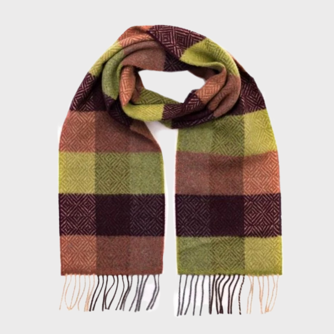 Irish Cashmere Merino Green & Wine Check Scarf