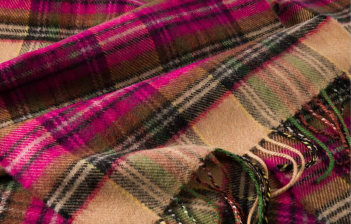 Irish Merino Pink & Camel Check Scarf