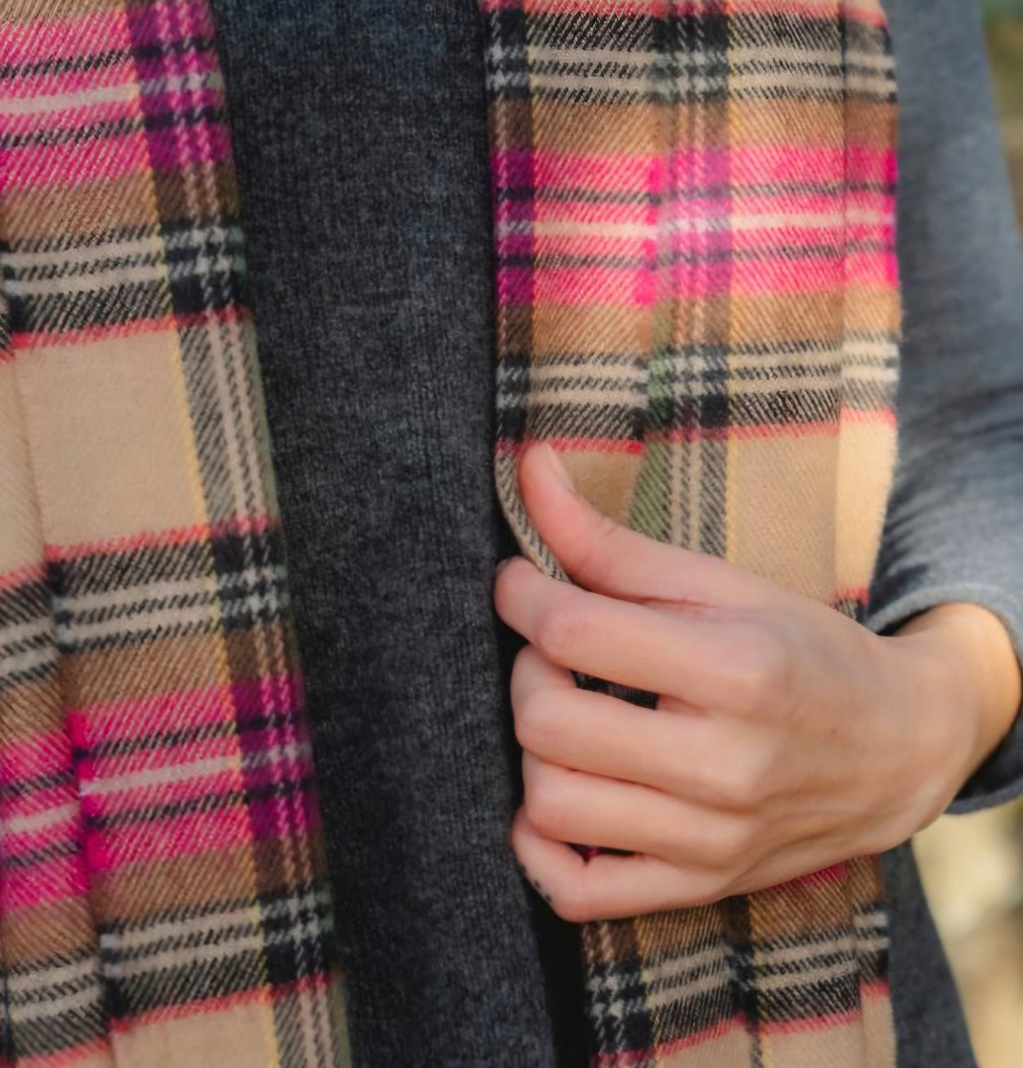 Irish Merino Pink & Camel Check Scarf