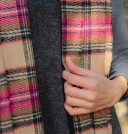 Irish Merino Pink & Camel Check Scarf