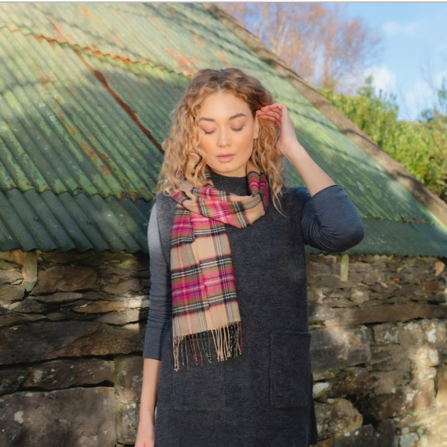 Irish Merino Pink & Camel Check Scarf