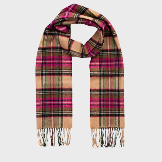 Irish Merino Pink & Camel Check Scarf