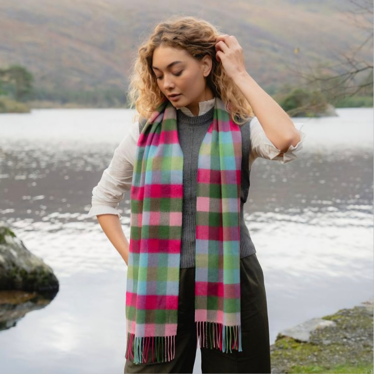 Irish Merino Pink Raspberry & Blue Check Scarf