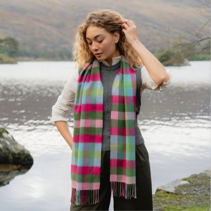 Irish Merino Pink Raspberry & Blue Check Scarf