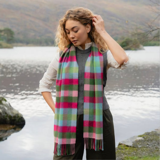 Irish Merino Pink Raspberry & Blue Check Scarf