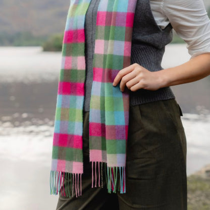 Irish Merino Pink Raspberry & Blue Check Scarf