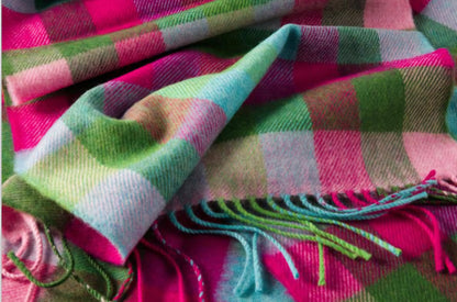 Irish Merino Pink Raspberry & Blue Check Scarf