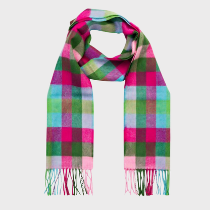 Irish Merino Pink Raspberry & Blue Check Scarf
