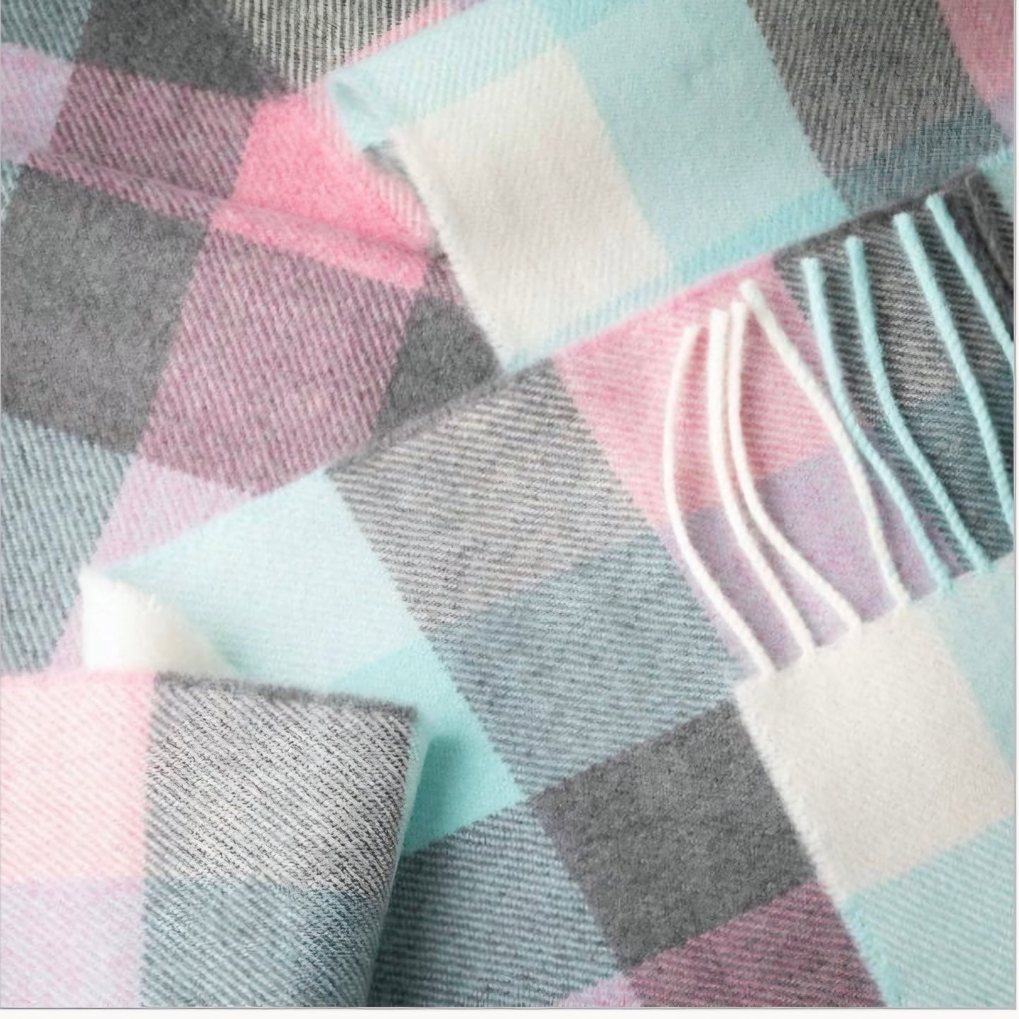 Irish Merino Aqua, Cream & Pink Check Scarf