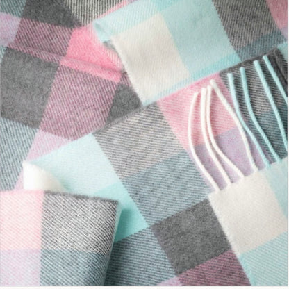 Irish Merino Aqua, Cream & Pink Check Scarf