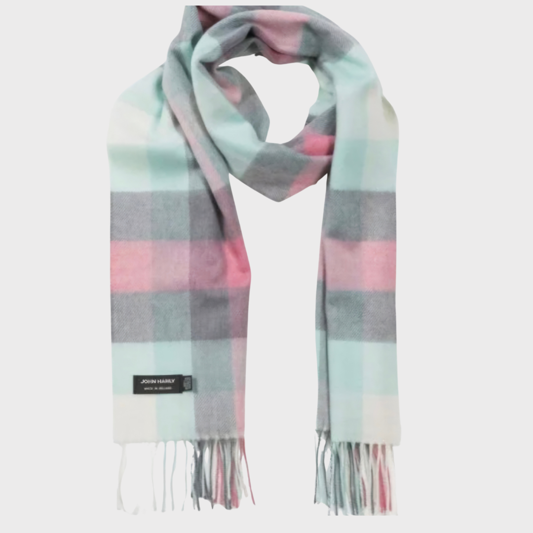 Irish Merino Aqua, Cream & Pink Check Scarf